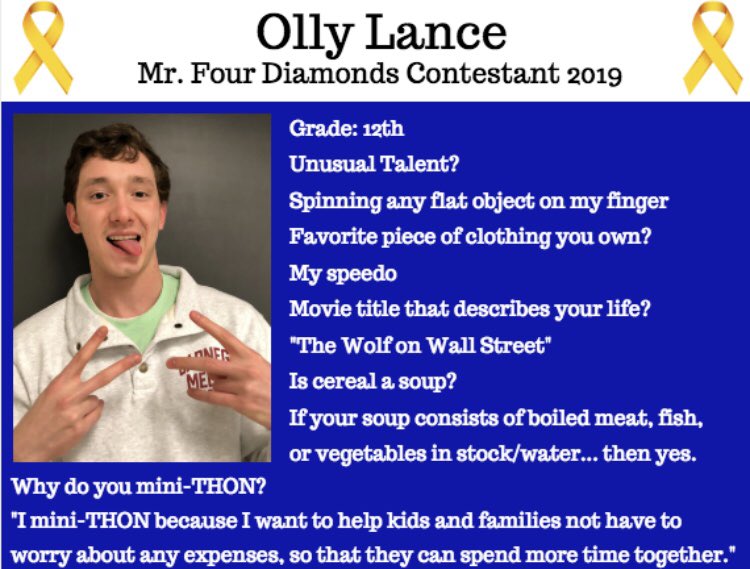 Today we introduce Olly! Along with being a Mr. Four Diamonds candidate, he will also be an emcee for the show and part of a sports team dance. WOW! 💠🎗💙 #feb23