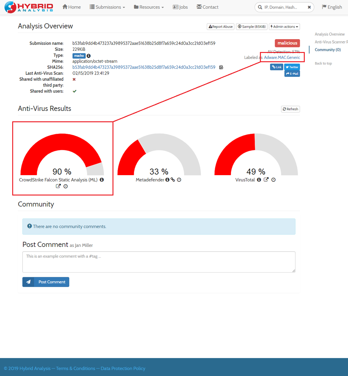 HybridAnalysis's tweet photo. [UPDATE] We just made available the latest "Falcon Static Analysis ML engine" with support for Mach-O. 🙌 Here's a recent #Shlayer sample: https://t.co/66J27c32W2 // Note: also available via our new Quick Scan endpoints: https://t.co/xW52gHmxW1 https://t.co/IW68g8vd1Y