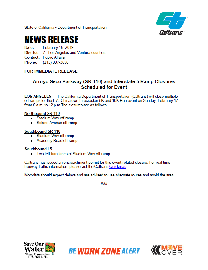 CaltransDist7's tweet photo. #LosAngeles ICYMI: Off-ramp closures on both directions of Arroyo Seco Parkway #SR110 and southbound #I5 scheduled on Sunday, 2/17 for the LA Chinatown Firecracker 5K and 10K Run event. Caltrans has issued a permit for these closures. Plan ahead. See 👇for ore info. https://t.co/pq2nsG99NN