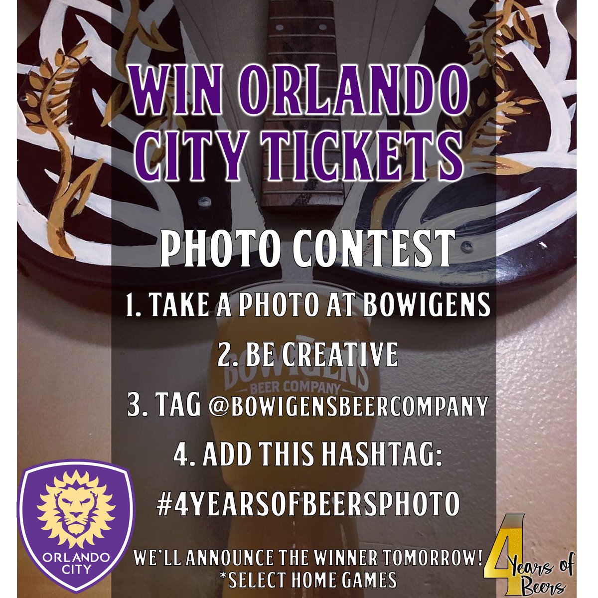 Win <a href="/OrlandoCitySC/">Orlando City SC</a> Tickets!!!! #4yearsofbeersphoto and tag <a href="/BowigensBeerCo/">Bowigens Beer Co.</a> for a chance to win a pair of tickets for select home games. We’ll have a separate photo give away today, tomorrow AND Sunday! Announcing the winners the following day!