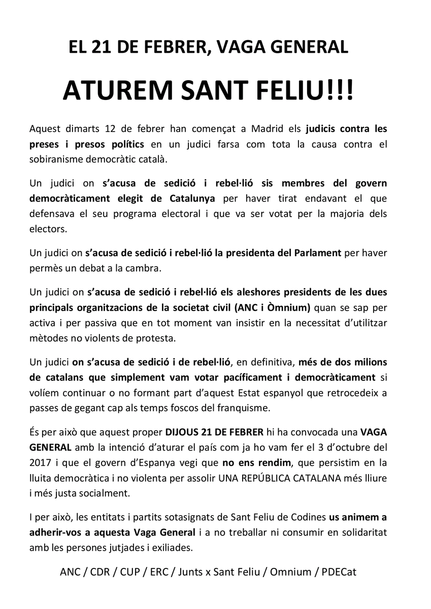 📢 21F. VAGA GENERAL!
A Sant Feliu de Codines ho aturarem tot. Aquest diumenge a les 11h imprimeix el teu cartell i vine a la Plaça per encartellar el poble!