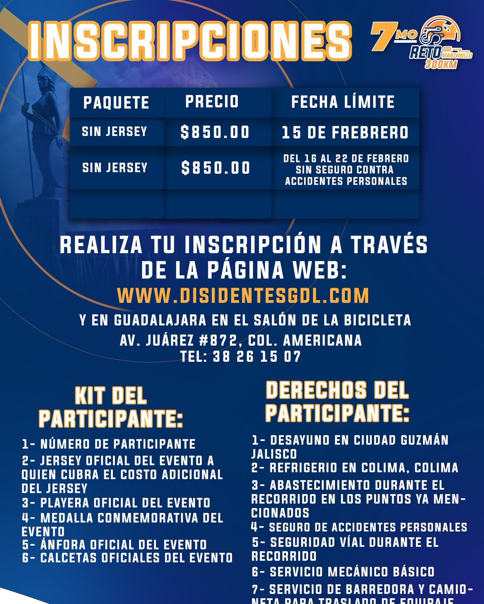 Les recordamos que hoy es último día para inscribirse con derecho al seguro contra accidentes durante el evento, 

Inscripciones en la página web disidentesgdl.com y en El Salon de la Bicicleta <a href="/incodecolima/">INCODE</a> <a href="/gobiernocolima/">Gobierno Colima</a> <a href="/ZapotlanGob/">Gobierno de Zapotlán</a> <a href="/femeci/">Federacion ciclismo</a>