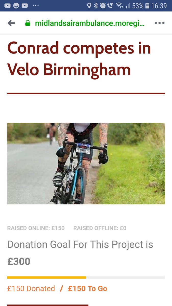 £150 raised so far. 3 months to go till @VeloBirmingham supporting <a href="/MAA_Charity/">Midlands Air Ambulance Charity 🚁</a> bit.ly/CW-VeloBirming… <a href="/jlremc/">JLREMC</a> #JLRFamily #cycling #charity