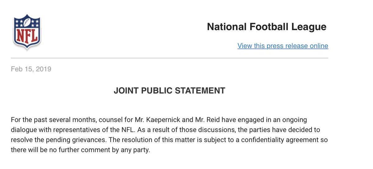 The NFL and Colin Kaepernick have reached an agreement on pending grievances. https://t.co/KDMZBZ9Pq7