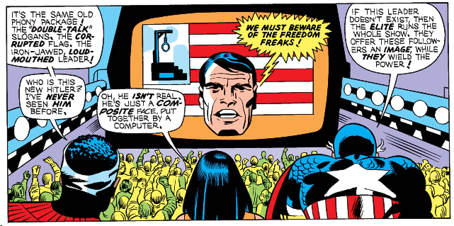 Jack Kirby foresaw the danger of deep fakes over forty years ago. (Captain America #195, March 1976)