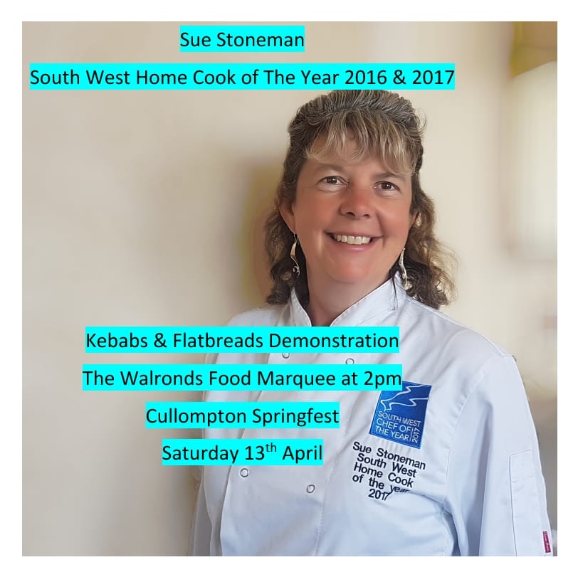 SpringfestCully's tweet image. Exciting food Demonstrations - Cullompton Spring Festival. - Saturday 13th April.  Sue @Sue_Stoneman - Home Cook of the Year 2016 &amp;amp; 2017.  Demonstration at @TheWalronds in Food Marquee at 2:00pm.  Kebabs and Flatbreads.