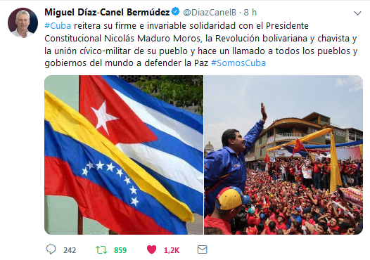 JohanaTablada's tweet photo. President of #Cuba @diazCanelB reiterates its "firm and unwavering solidarity with Constitutional President Nicolás Maduro Moros the Bolivarian Chavez Revolution &amp; the civic-military union of his people", and called on all peoples and governments of the world to defend #Peace https://t.co/gaKrvDD7oy