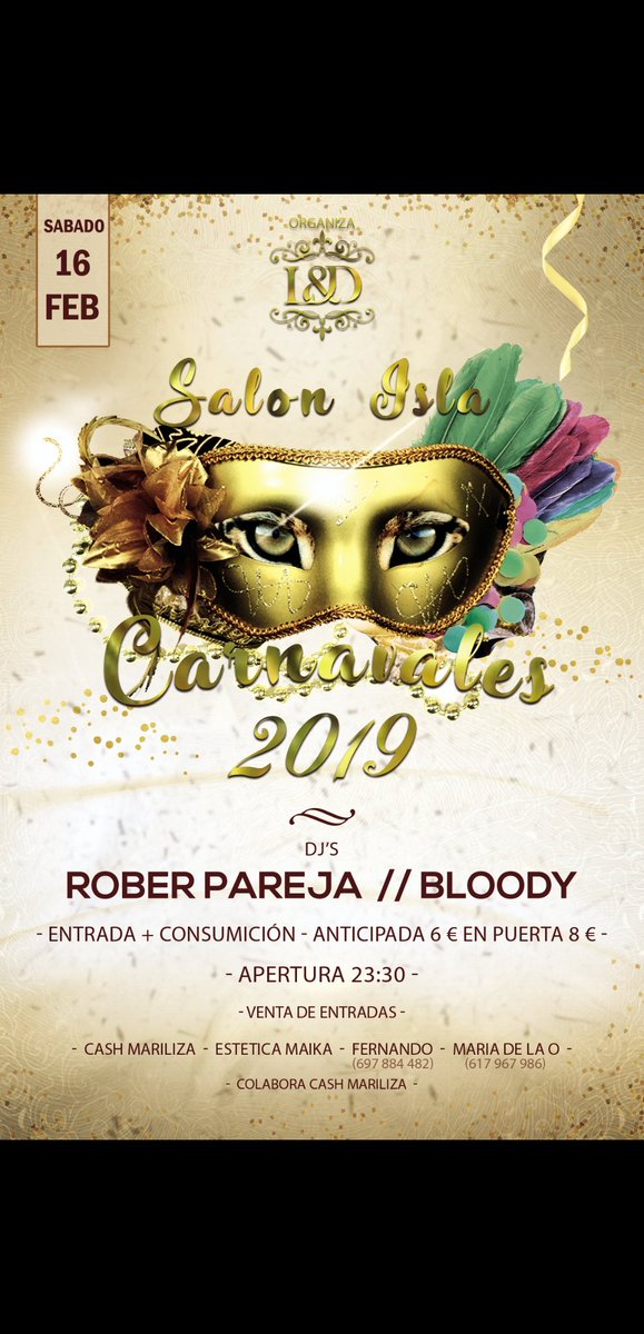 Mañana a partir de las 23:30h os esperamos en el Salón Isla para celebrar los carnavales 2019.
Entradas anticipadas hasta mañana a las 14:00h.
Os esperamos !!!!!!!