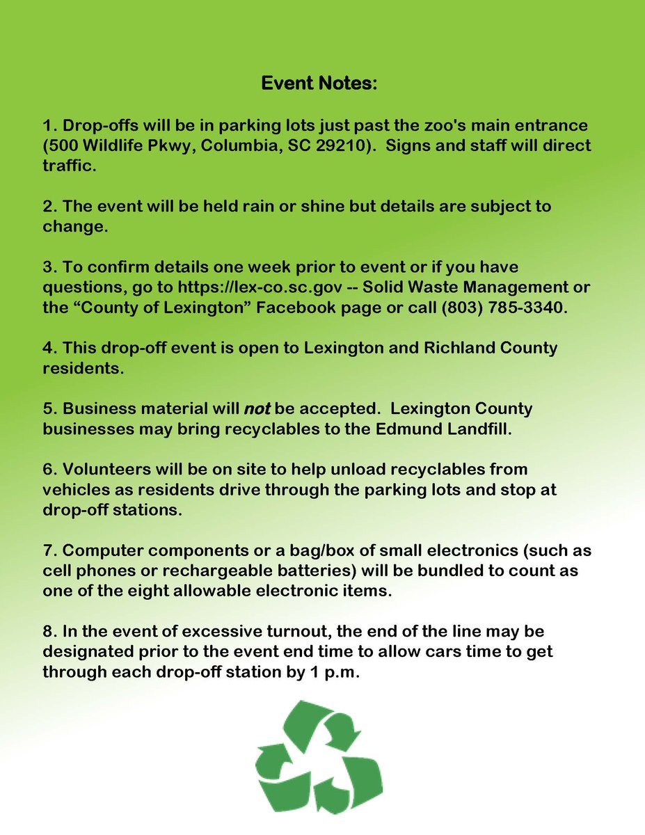 Lexington and Richland County Residents you have an opportunity to dispose of your old electronics! Saturday, February 23rd from 9am to 1pm drop your items off at Riverbanks Zoo &amp; Garden. We will also be collecting other items. See flyer for more details!!