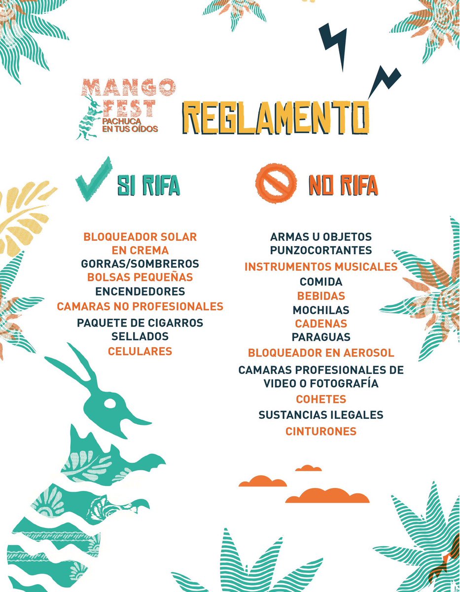 mango_fest's tweet photo. 😎¿Qué si rifa y que no rifa en #MangoFest? ⚡️

Para que todos la pasemos bien mañana, aquí dejamos una lista de lo que si puedes llevar al festival 🤘🌴 https://t.co/jrDjN2GugY