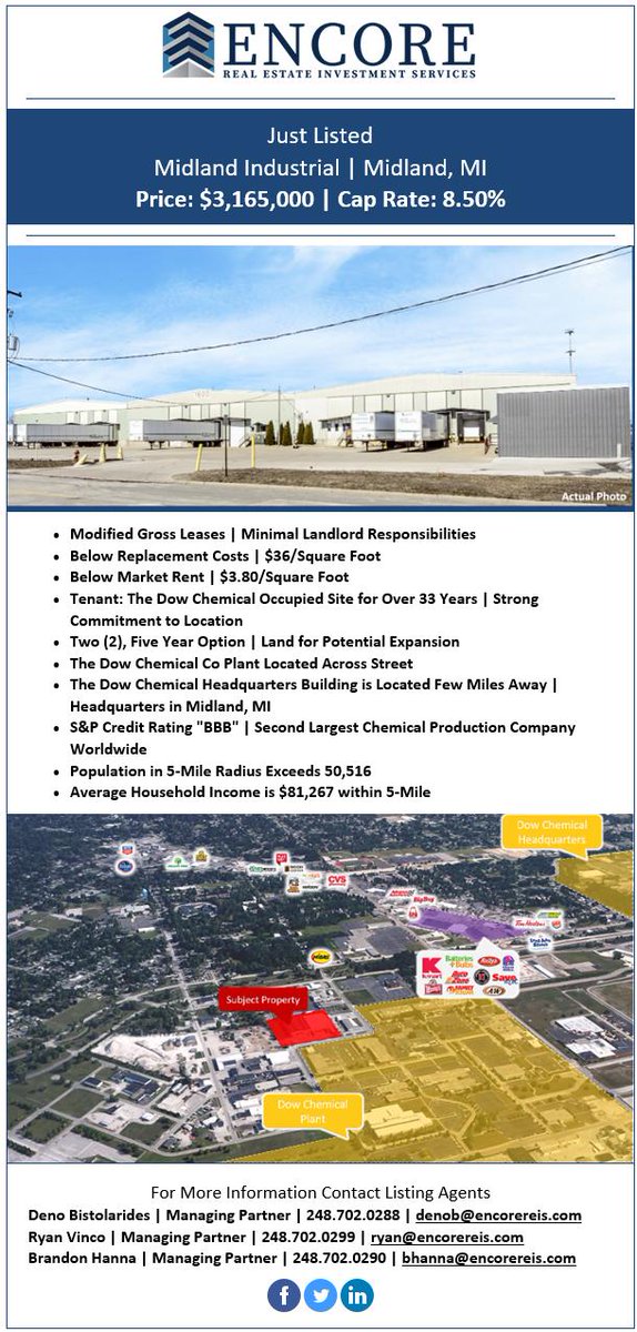 EncoreReis's tweet photo. Just Listed: Midland Industrial | $36/SF Price &amp; Low $3.80/SF Rent | Dow Chemical has Occupied for 33 YRS | Adjacent to Large Dow Plant and Near World HQs

Visit Website For More Info:

https://t.co/zRAqCml0Bc
#NN #NN #Industrial #Retail #Gross #Midland #MI #Encore #RealEstate https://t.co/h65T1n1kCq