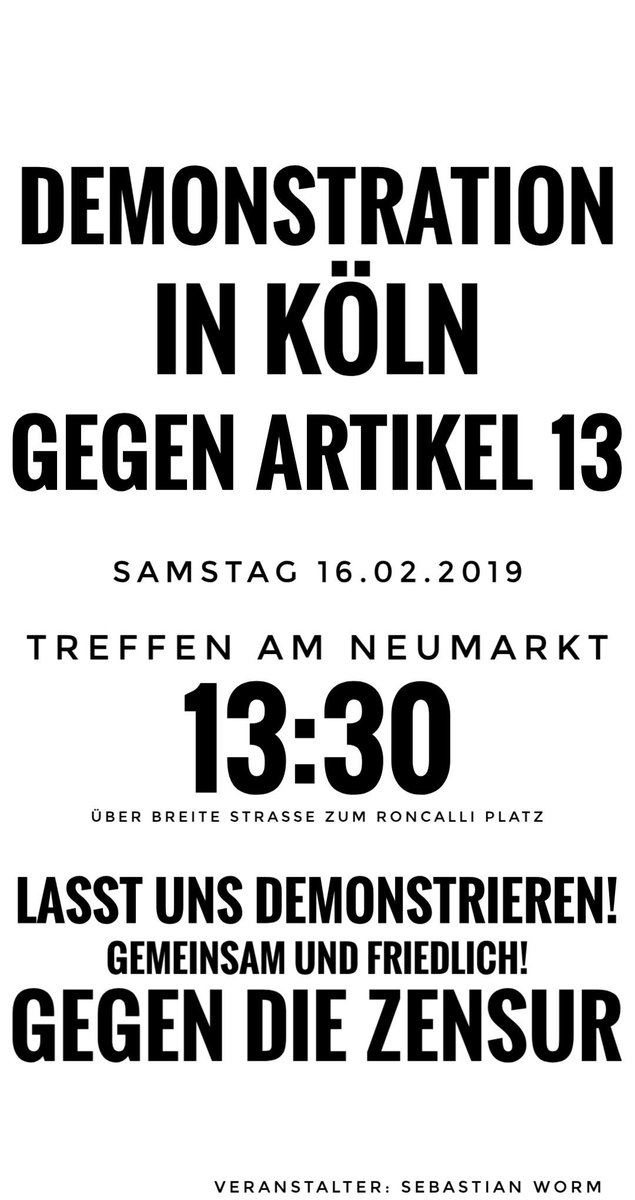 uploadfilter's tweet photo. Am Samstag demonstriert #Köln gegen den #Uploadfilter! Auch wir werden vor Ort sein und viele offene Fragen beantworten. Gemeinsam gegen #Artikel13. https://t.co/JOvEYEVHem
