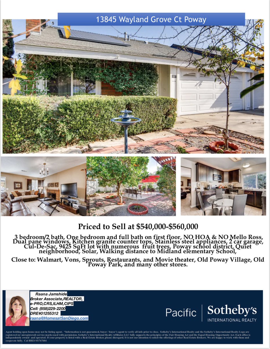 Don't Miss This Opportunity! Priced to Sell!
3 bedroom/2 bath, 2 car garage, 9452 SqFt lot,
Offered at $540,000-$560,000
#PowayHomesForSale,
#PowayUnifiedSchool,
#NoHOA,
#NoMelloRoss,
#CulDeSac,
Raana Jamshide, Broker Associate, DRE#01255312
Pacific Sotheby's International Realty