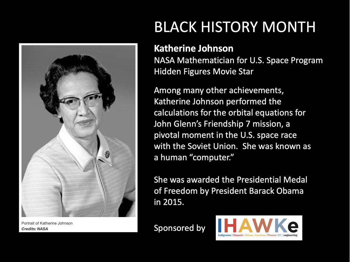 Celebrating Black History with Katherine Johnson, NASA Mathematician whose achievements aided the U.S. Space Program during a pivotal era and was featured in the movie, "Hidden Figures". #STEM <a href="/kuengineering/">KU Engineering</a>
