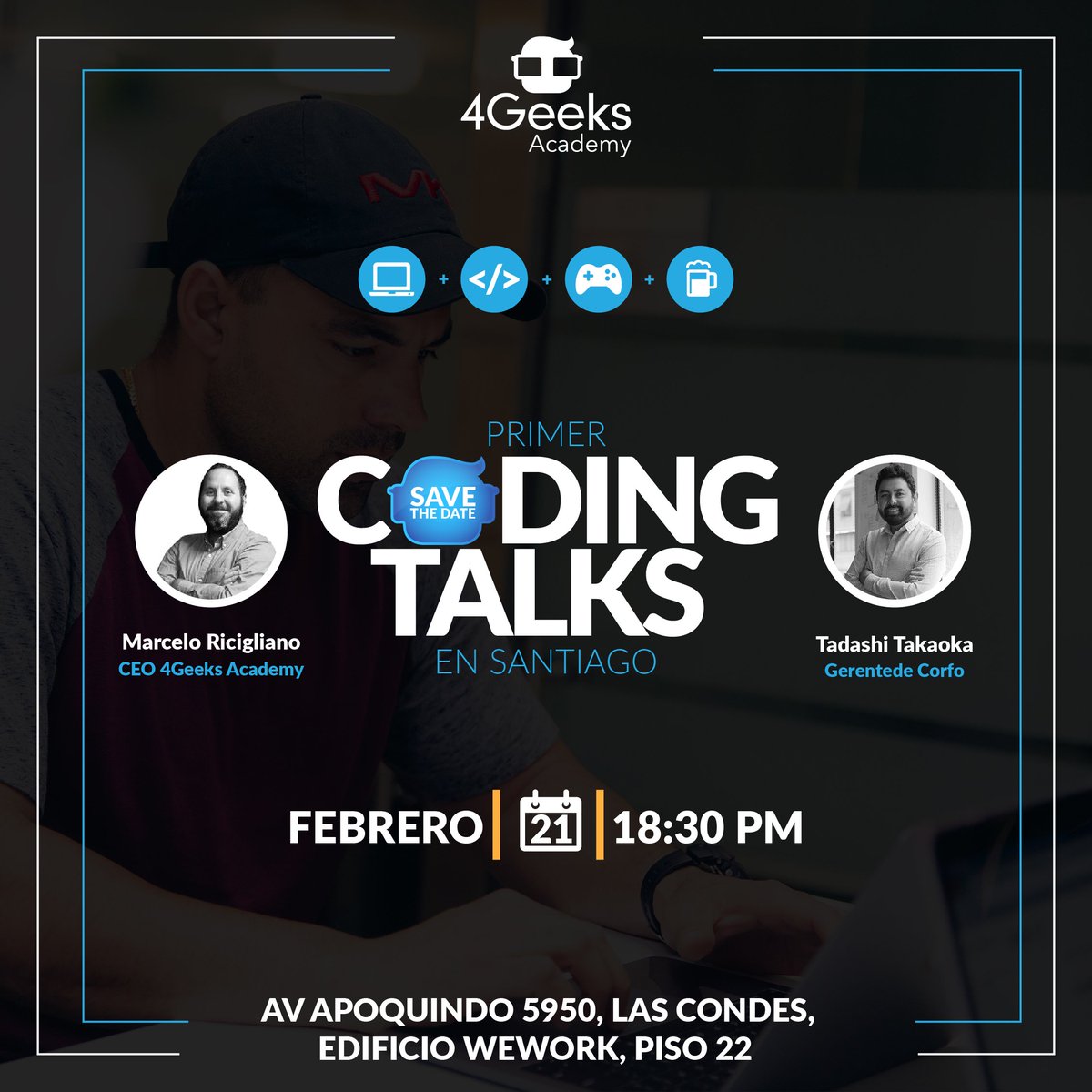 4geeksacademycl's tweet image. ¡Llega nuestro primer #CodingTalks a Santiago! Ven, obtén más información sobre nosotros y nuestros programas ¡Adicionalmente conoce a nuestro invitado especial @TadashiTakaoka gerente de @Corfo!
Te dejamos el LINK para más información 👉 bit.ly/2UT7WEa