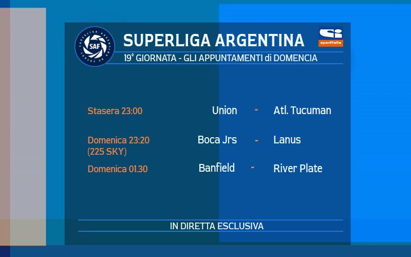 tvdellosport's tweet photo. 🇦🇷| Sta per partire un nuovo weekend di #SiSuperliga 🍿☕️
📆 STASERA
⏰ 23:00
🏟️ #UnionAtletico
🎙 @AlexMilone
📺 60 DTT & 225
📆 DOMENICA
⏰ 23:20
🏟️ #BocaLanus
🎙 @fraletizia
📺 225 SKY
📆 DOMENICA
⏰ 01:30
🏟️ #BanfieldRiver
🎙 @AlexMilone
📺 60 DTT & 225 https://t.co/EK4sFdEojQ