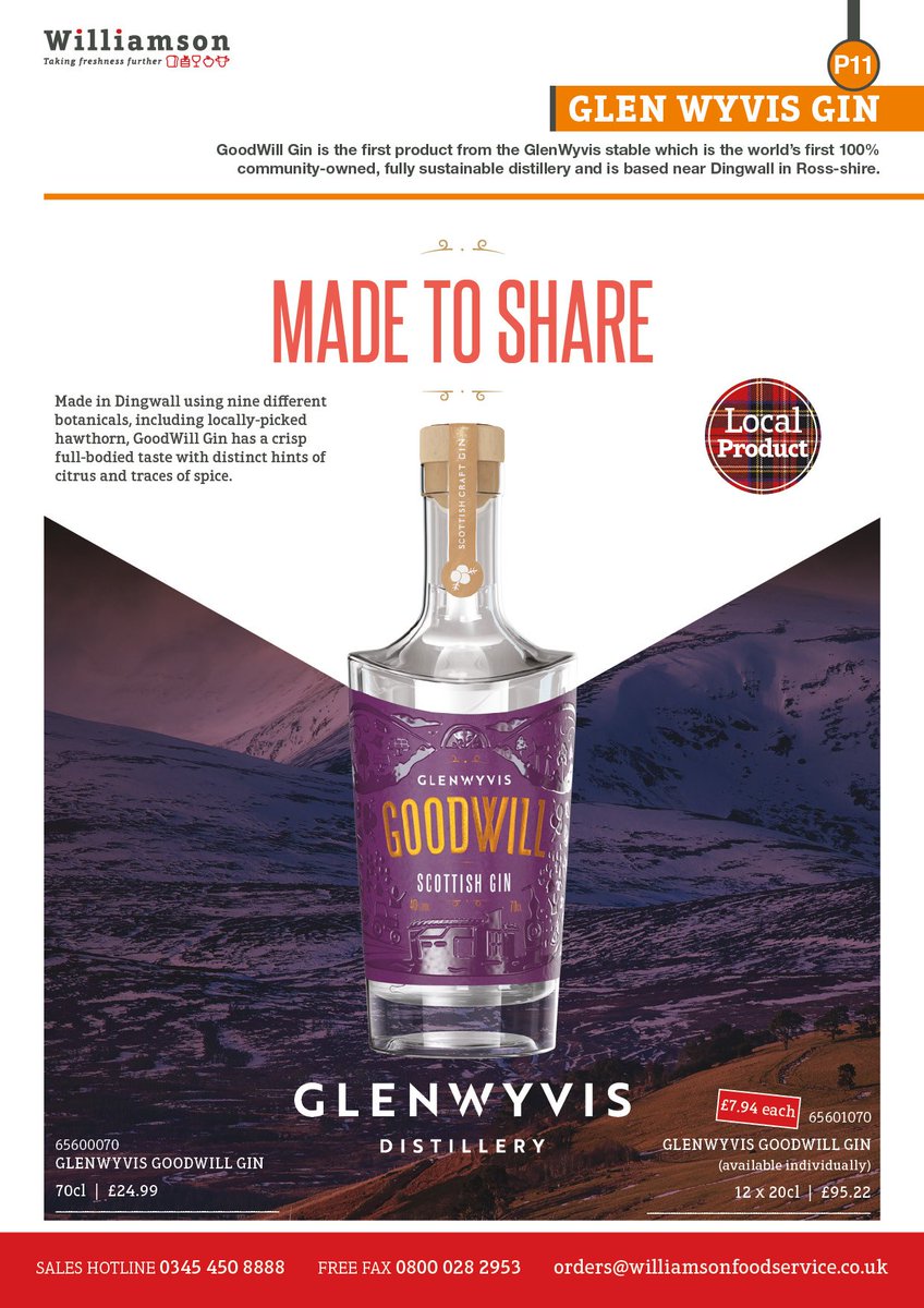 We now stock GoodWill #gin from @glenwyvis  - it is made in #Dingwall at the world's first 100% community-owned, fully sustainable distillery. Ideal in bars, retail shops and all good food outlets. A great talking point for locals and visitors alike. ow.ly/1KYD30nBcT8