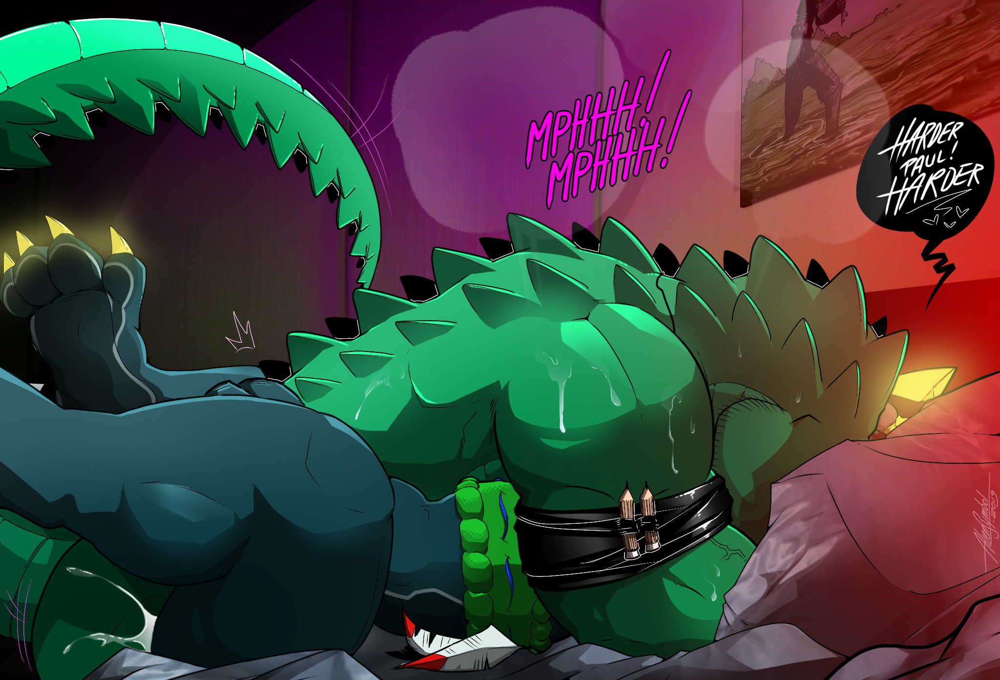 Rule 34 - aliensymbol anal anal sex anthro anthro on anthro bed bed sheet  bedding bedroom biceps claws crocodilian detailed background duo english  text fan character hi res male male penetrated male