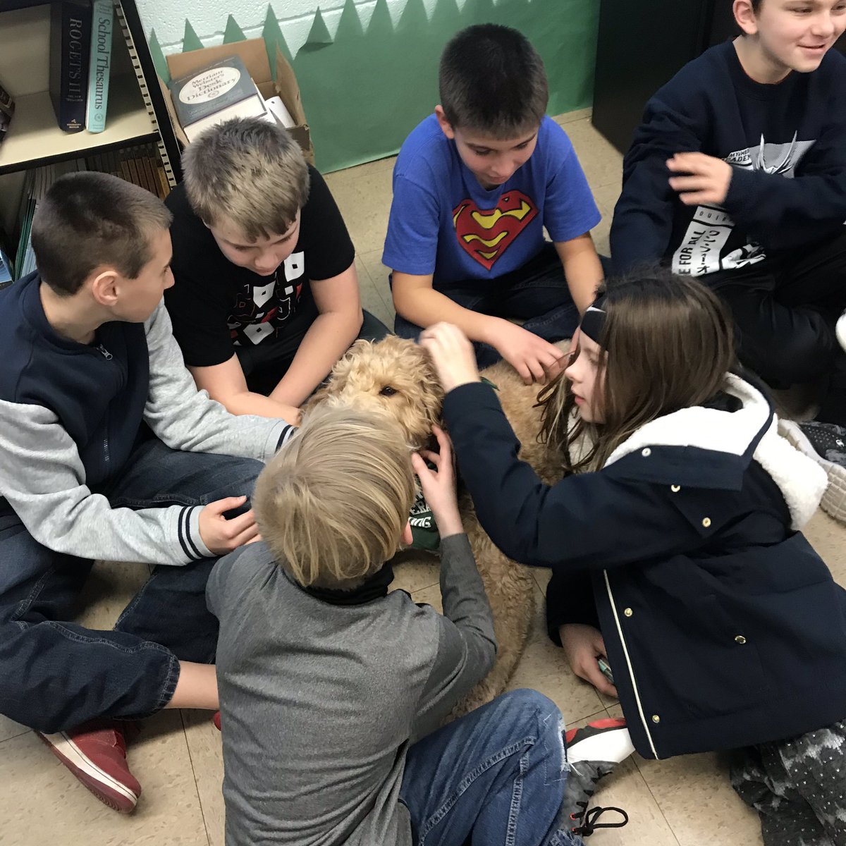 Mrs_C_Butcher's tweet photo. Not sure who enjoyed having Jasmine, the therapy dog, visit today.. the kids or crazy dog obsessed teacher (me!)?! Thanks Mrs. Ackermann and Jasmine for visiting!! #SuperSennThomas #StrongSchoolStrongCommunity https://t.co/lqileVAJ1Q
