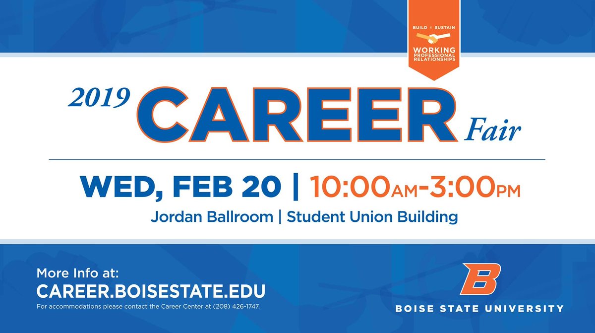 BoiseState's tweet photo. .@BSUCareerCenter will host the Spring 2019 Career Fair from 10 a.m.-3 p.m. on Wednesday, Feb. 20 in the SUB.
Meet employers, learn about professions and industries, network, get resume help and headshots. #MakeCollegeCount

🔗https://t.co/GFGB0Kj62c #BoiseState https://t.co/c5HJfOPtea