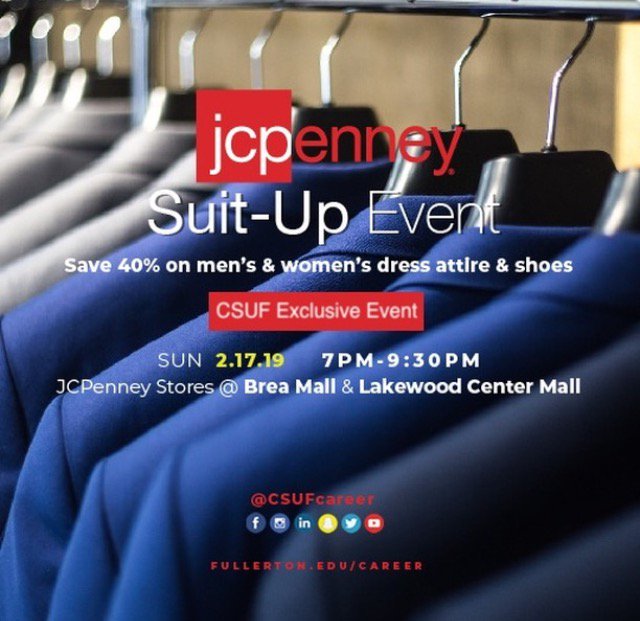 Join our friends from the CSUF Career Center this Sunday. Save 40% on professional attire, shoes & accessories at JCPenney @ Brea Mall or Lakewood Center Mall (2/17, 7pm-9:30pm). Exclusive for #csuf students, staff and faculty. Details: bit.ly/jcpsusp19 #AllAtJCP