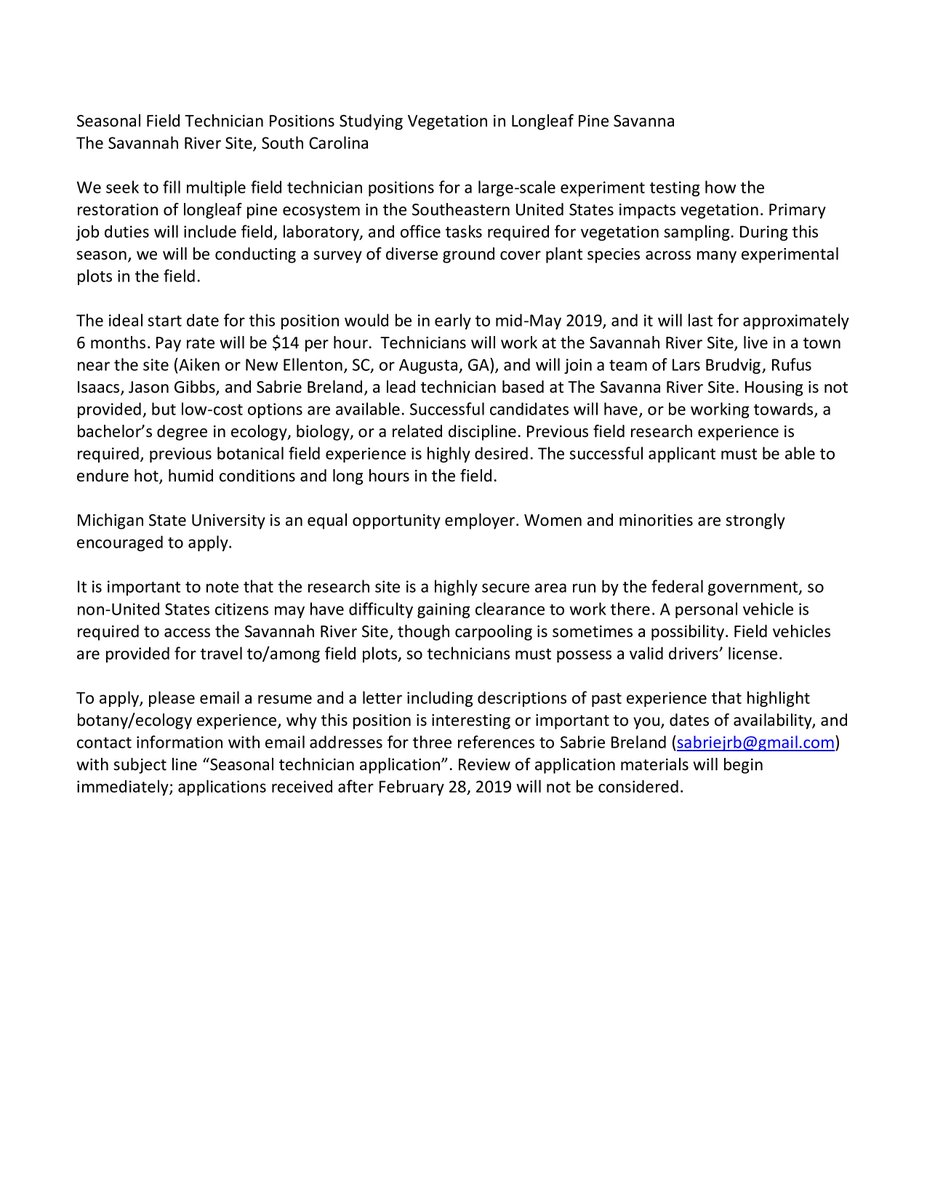 Come work with us! We are looking to hire field technicians who love plants for a vegetation survey in South Carolina. Deadline 28 February 2019.  @lars_brudvig #Jobs (#FirstTweet)