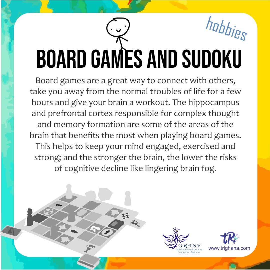 trighana's tweet photo. Hobbies to help you cope with RA!
Board games !
#RAawarenessMonth
#RheumatoidArthritis
#TheRisingPhoenix
#RAandMentalHealth
#BoardGamesandRA
#GRASP
#tRitoHope
#tRitoKnow
#tRi https://t.co/nMGPeveQXf