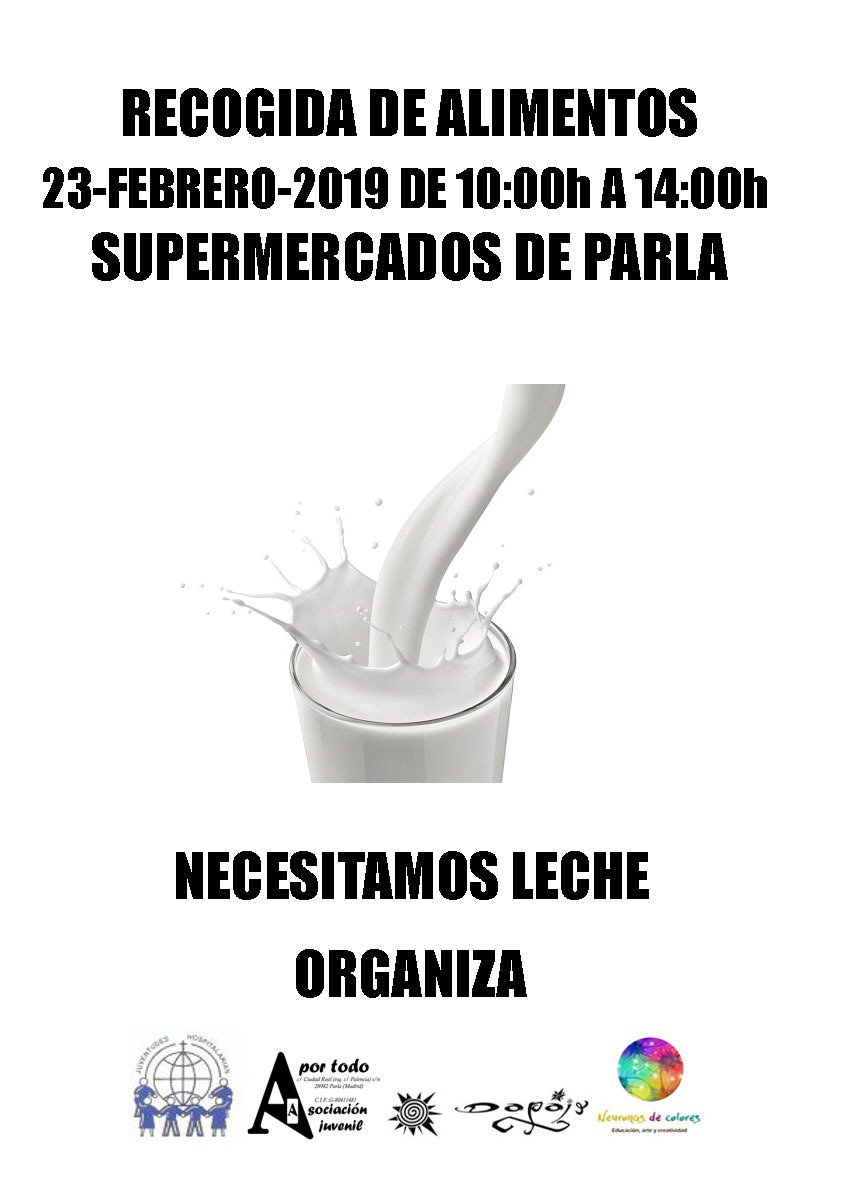 vmluquerivera's tweet photo. #Reto #1000litros de #Leche. 23/02/19. Recogida #urgente en los Supermercados de #Parla. ¿Te animas?.

@LechePascual_es @LecheAsturiana @SiempreLeche @LecheNIDO ¿Nos ayudais?.

#voluntariado #ayuda #Solidaridad #Alimentacion #Desarrollo #Madrid  #BuenViernes https://t.co/bnZGoYO6F5