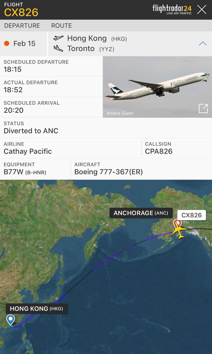 TomPodolec's tweet photo. Update π DIVERSION MEDICAL
Cathay Pacific #CX826 from Hong Kong just departed Anchorage & continuing its journey to Toronto. Diverted for a pax medical. Passenger Evan Kuo says there was also a problem with the auxiliary power unit once on the ground.
https://t.co/xDuycJLOjS https://t.co/YvJYcyFMLg