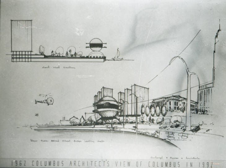 In 1962, for the sesquicentennial of the city’s founding,  @DispatchAlerts asked 3 local firms to submit a vision for the Columbus of the Future: Holroyd & Myers (first two), Brooks & Coddington, and Tibbals-Musson. So we’ll get into the local firms by looking at those three...