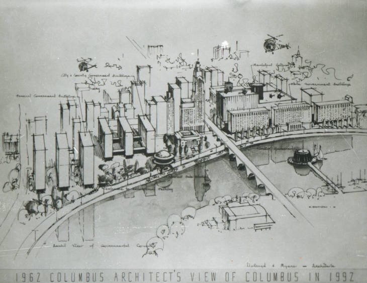 In 1962, for the sesquicentennial of the city’s founding,  @DispatchAlerts asked 3 local firms to submit a vision for the Columbus of the Future: Holroyd & Myers (first two), Brooks & Coddington, and Tibbals-Musson. So we’ll get into the local firms by looking at those three...