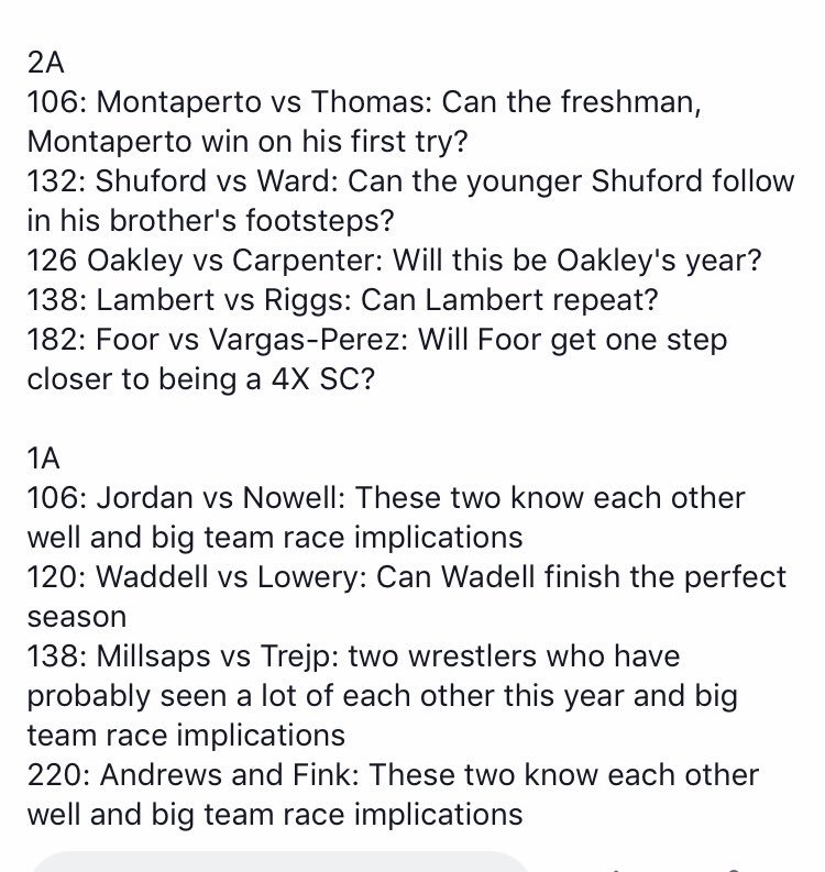 What matches are you looking forward to on Saturday night? I like the ones in the pics. @FoardWrestling <a href="/SeWrestle/">SEWrestle</a> <a href="/WheatmoreCDC/">Kyle Spencer</a>  <a href="/NCHSAA/">NCHSAA</a>  <a href="/CaryWrestling/">Cary Wrestling</a> <a href="/LKNWrestle/">LKN Wrestling</a> <a href="/MHS_wrestlingBD/">MHS Wrestling</a> <a href="/Avery_Wrestling/">Avery Co. Wrestling</a> <a href="/WF_Wrestling/">West Forsyth Titan Wrestling</a> <a href="/dcaw_wrestling/">WarEagleWrestling</a> <a href="/NC_Wrestling/">NCWAY</a> <a href="/NCHSAA/">NCHSAA</a> <a href="/nchsaawrestle/">NCHSAAWRESTLE</a>