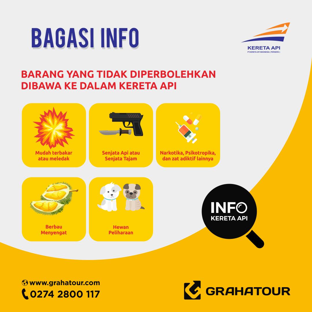 Yuk, pastiin barang-barang yang kamu bawa tidak termasuk barang yang tidak boleh dibawa ke dalam kereta Api dan pastikan biaya tambahan yang akan kamu dapatkan ketika bagasi yang kamu bawa melebihi batas peraturan Kereta Api - Grahatour