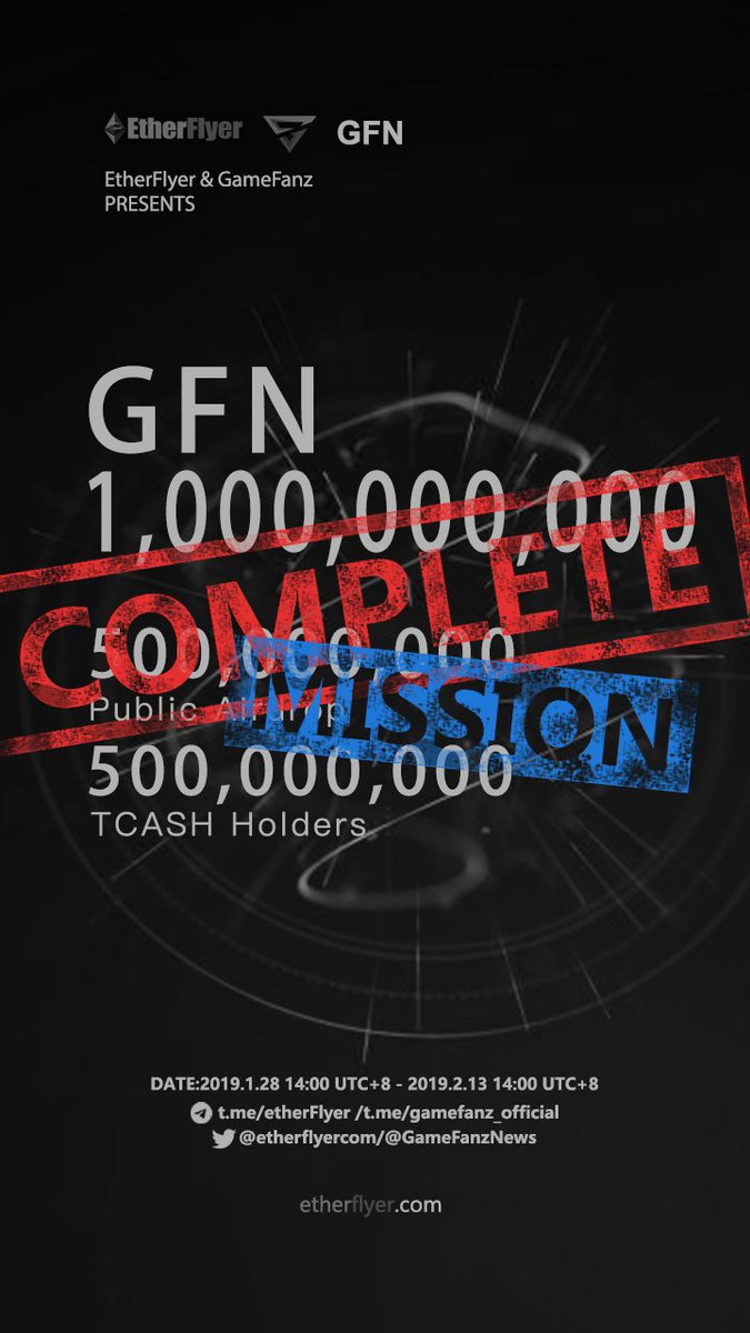 "1billion GFN Token Giveaway for Public Airdrop and TCASH Holders!" has successfully completed, and the prize is sent out to the EtherFlyer accounts. <a href="/GameFanzNews/">Game Fanz</a>    More info：etherflyer.zendesk.com/hc/en-us/artic…