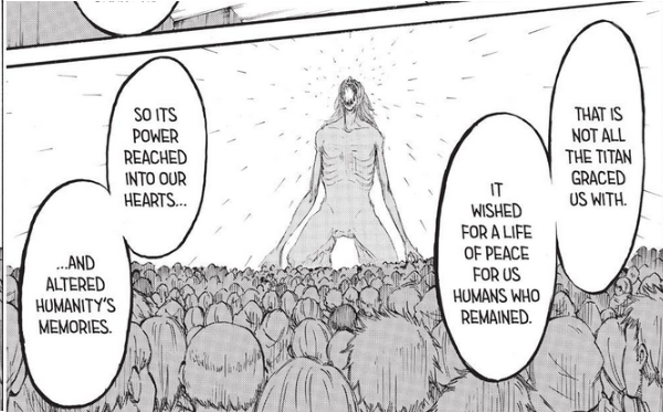 and their titan, that is passed through generations, has an special power called "the Coordinate." Using that power, the king can control the bodies and minds of their people and, also, can turn them into “mindless” titans.