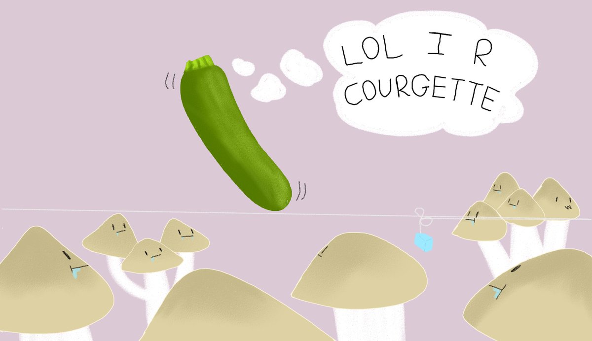 MrPseudonymless's tweet photo. Do a self aware courgette attempting to balance on some dental floss above a pit of hungry mushrooms. https://t.co/rvrHiq7iT8