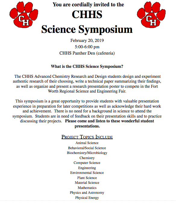 Come and support the CHHS Research and Design students as they present their research projects to the community.  #CHPantherPride #gcisdsci