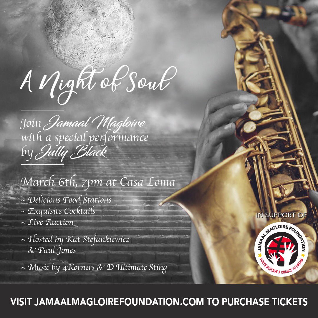 Please join me for “A Night of Soul” all-inclusive affair that takes place Wednesday, March 6th starring Juno Award Winner at the elegant Casa Loma. In support of @JamMagloireFdn eventbrite.com/e/jamaal-maglo… @Eventbrite
