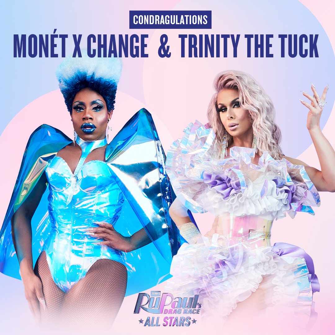 RuPaulsDragRace's tweet photo. GAG! 😱 A double-crowning! 👑👑 CONDRAGULATIONS to our All Stars @monetxchange and @TrinityTheTuck!!! 🌟🌟 You're BOTH winners, baby!!! Well-deserved, ladies!!! 🎉 #AllStars4 https://t.co/XgIsUvfua7