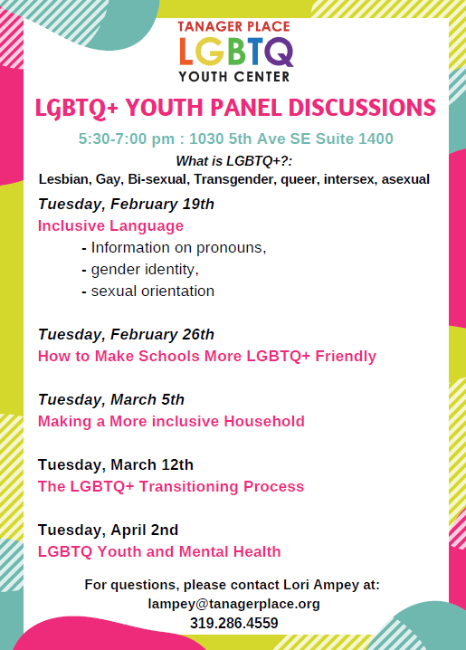ASACIowa's tweet photo. Come join Tanager Place LGBTQ+ Youth Center at their LGBTQ+ Youth Panel Discussion opportunities! There are many different topics for different days coming up for the next three months.

Always at 5:30-7:00pm at 1030 5th Ave SE Suite 1400 Cedar Rapids https://t.co/gc6p9Xbh6v