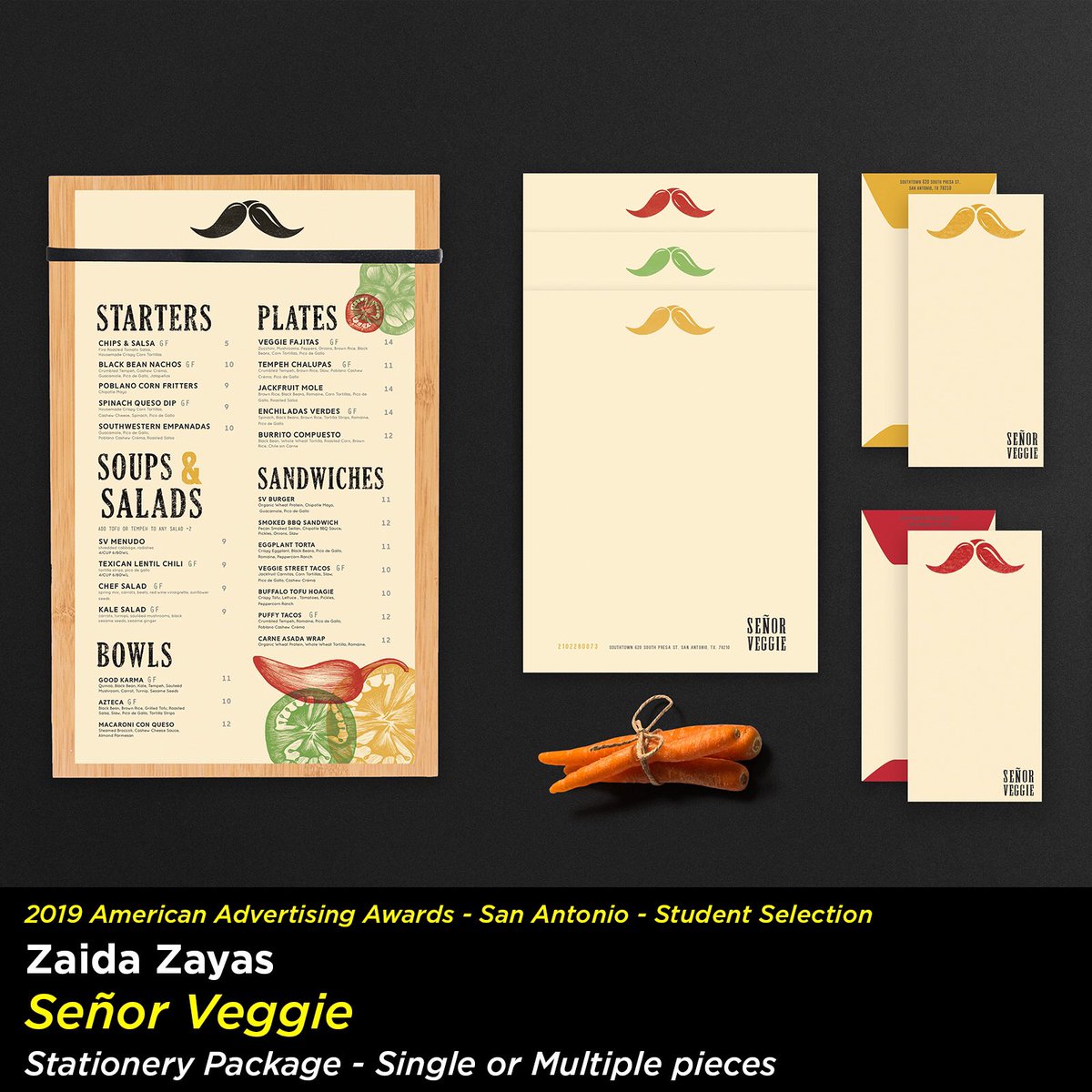 uiwgd's tweet photo. American Advertising Awards - San Antonio || Student Competition Selection || Zaida Zayas - “Señior Veggie” (Stationery Package - Single or Multiple pieces) || Awards will be announced on Saturday, February 23, 2019 https://t.co/NsMilvPQ48
