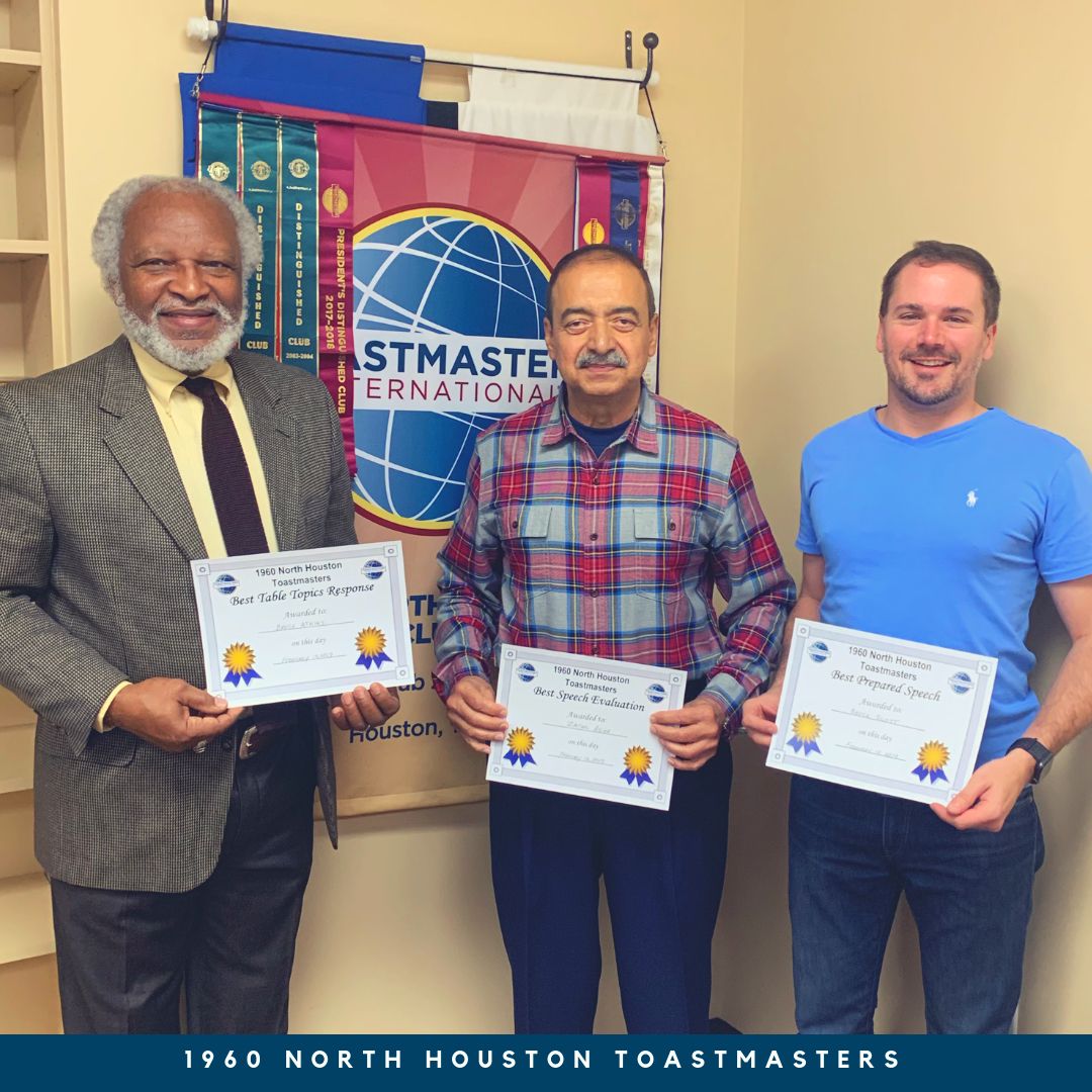 1960toastmaster's tweet photo. Well done Bruce, Zafar, and Brock! 👏🏻 Congratulations on achieving #BestTableTopics,  #BestEvaluation, and #BestPreparedSpeech last Tuesday! 🏆🎉⠀
#Toastmasters #Houston #NorthHouston #PublicSpeaking #Leadership #ProfessionalDevelopment #Empowerment  #fun #congrats https://t.co/LyRcl79DgP