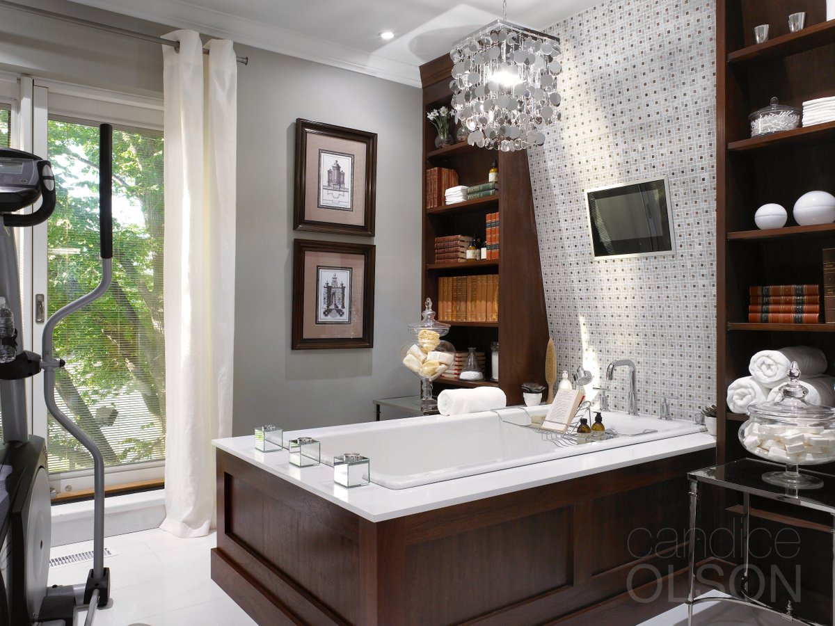 A gorgeous soaker tub complete with a waterproof LCD television and remote  control atop a wall of beautiful white and dark taupe mosaic tile. For a  little something extra, I flanked the, image size:1200x900