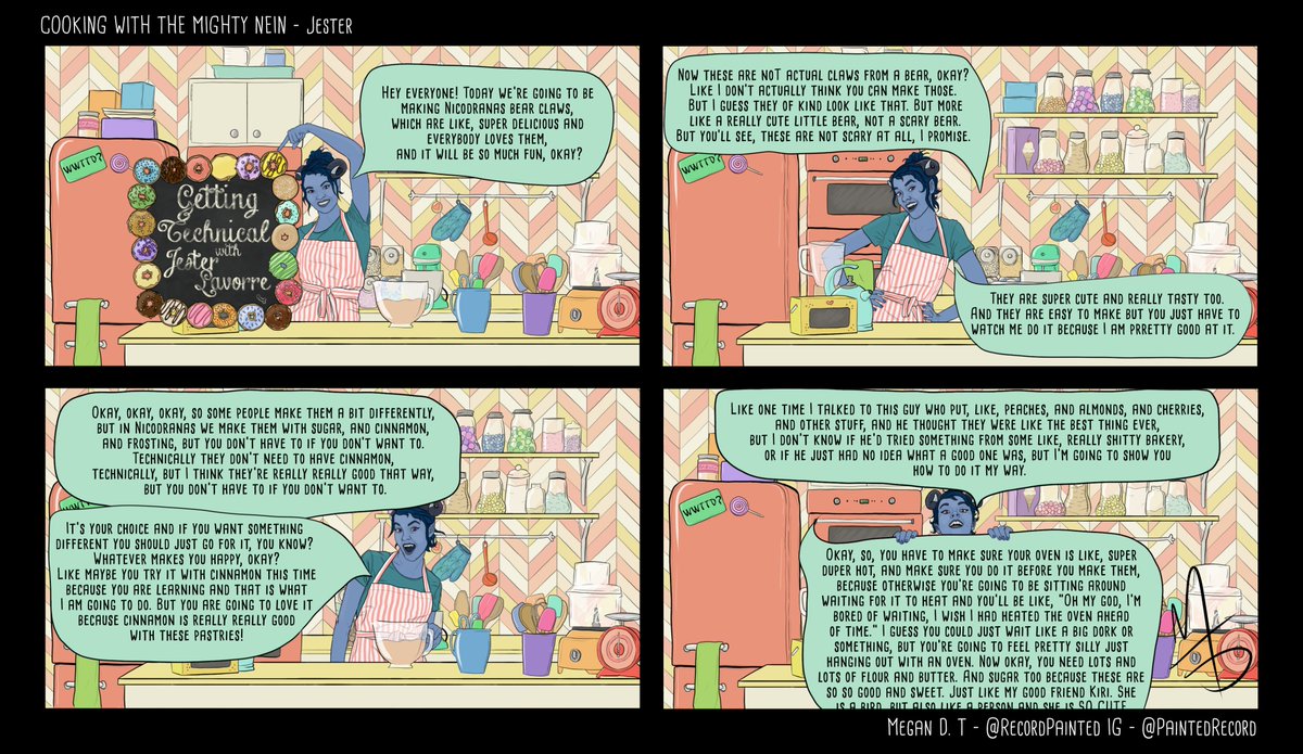 MegTaylorArt's tweet photo. Learning to make Nicodranas bear claws with Jester Lavorre is the first installment of my Cooking with the Mighty Nein series. 
Next week: Nott the Brave takes on some mystery ingredients...

#criticalrole #criticalrolefanart @CriticalRole @LauraBaileyVO https://t.co/rk74Otuv5b