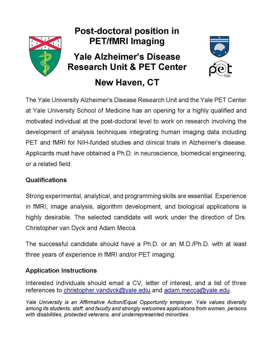Adam Mecca (@dradammecca) on Twitter photo We are hiring a post-doc at the Yale Alzheimer’s Disease Research Unit and <a href="/YalePET/">YalePETImagingCenter</a>. Contact me if you are interested in PET/MRI multi-modal imaging focused on synaptic density changes in #Alzheimers . Please RT. <a href="/YaleMed/">Yale School of Medicine</a> <a href="/YalePsych/">Yale Psychiatry</a> We are hiring a post-doc at the Yale Alzheimer’s Disease Research Unit and <a href="/YalePET/">YalePETImagingCenter</a>. Contact me if you are interested in PET/MRI multi-modal imaging focused on synaptic density changes in #Alzheimers . Please RT. <a href="/YaleMed/">Yale School of Medicine</a> <a href="/YalePsych/">Yale Psychiatry</a>