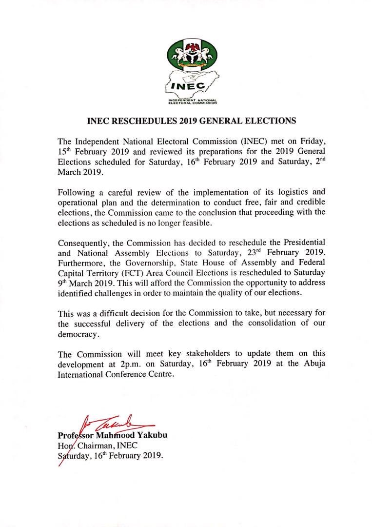Breaking News: The #NigeriaDecides2019 Elections now to hold on; 23rd February, 2019 for Presidential and National Assembly while the Governorship, State House of Assembly and the FCT Area Council Elections is to hold on 9th March, 2019.