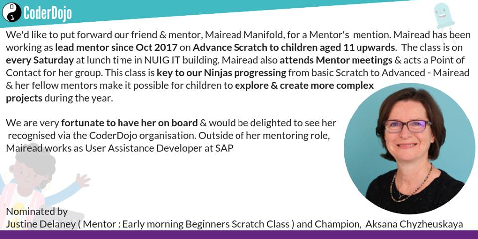 CoderDojo's tweet image. 😍One of our volunteer appreciation nominees for #CoderDojoVolApp:
Mairead Manifold of NUIG Dojo in Ireland. 👏
"Mairead makes it possible for children to explore & create more complex projects. We are fortunate to have her on board."
Read more here: forums.coderdojo.com/topic/721/nomi…