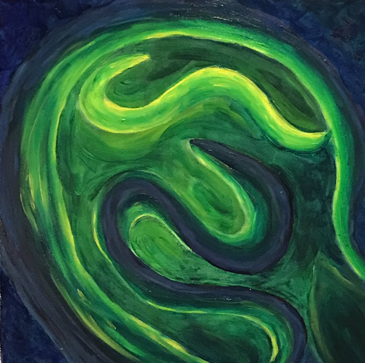 Dreams2Create's tweet image. “BGYw” by LizBeth Ogiela-Scheck 
Oil on canvas 
12” x 12”
#ColorProject #Blue #Green #Yellow #abstract #painting #ribbons