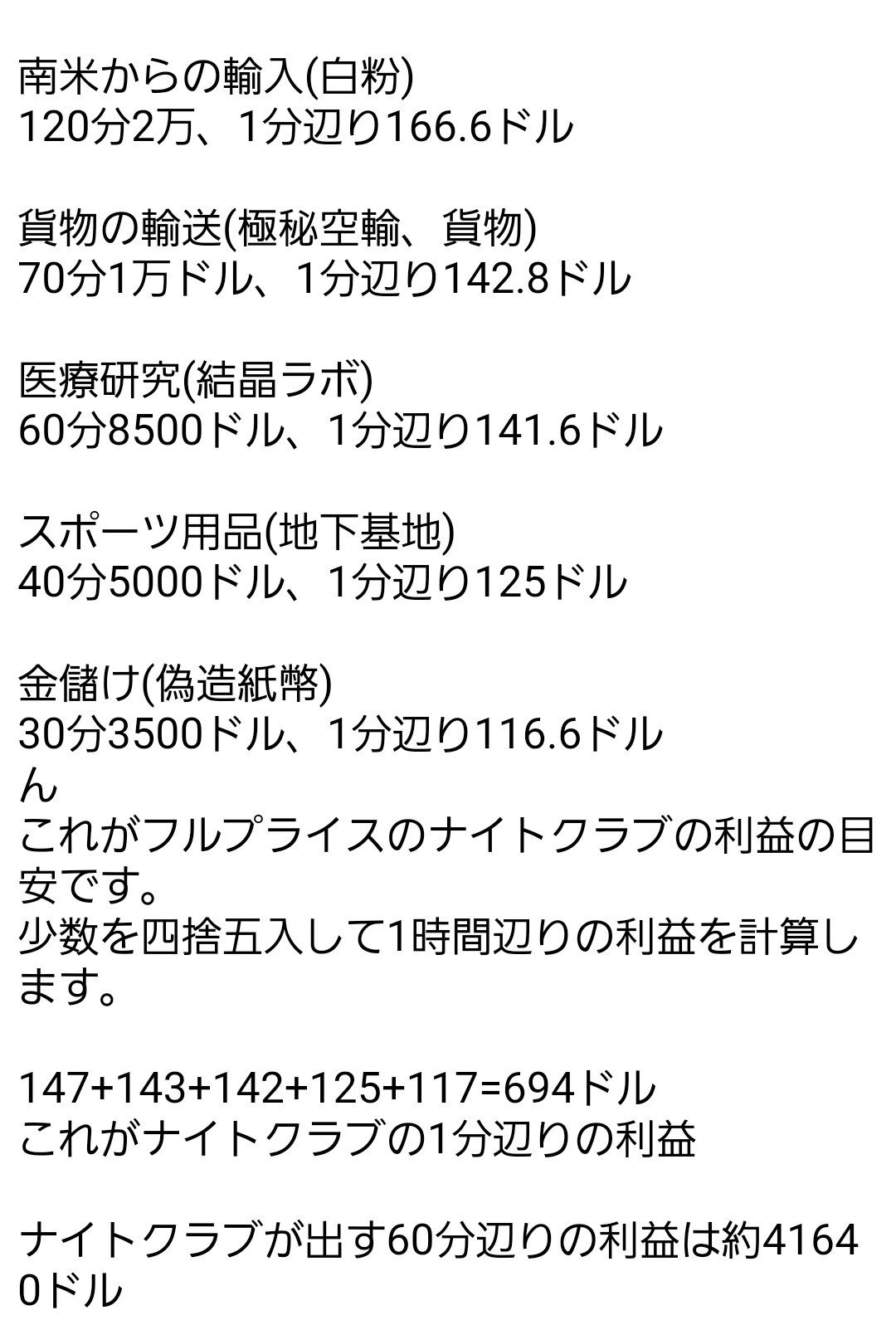 スナイパーシリウス Denntyann Kawae ナイトクラブは1時間辺りドルで見てます 地下基地は7分ドル 140分21万 1週間あれば700 800万は今のグラセフなら稼げるので課金するなら地下基地優先ですかね T Co Nvdr75wm5u Twitter