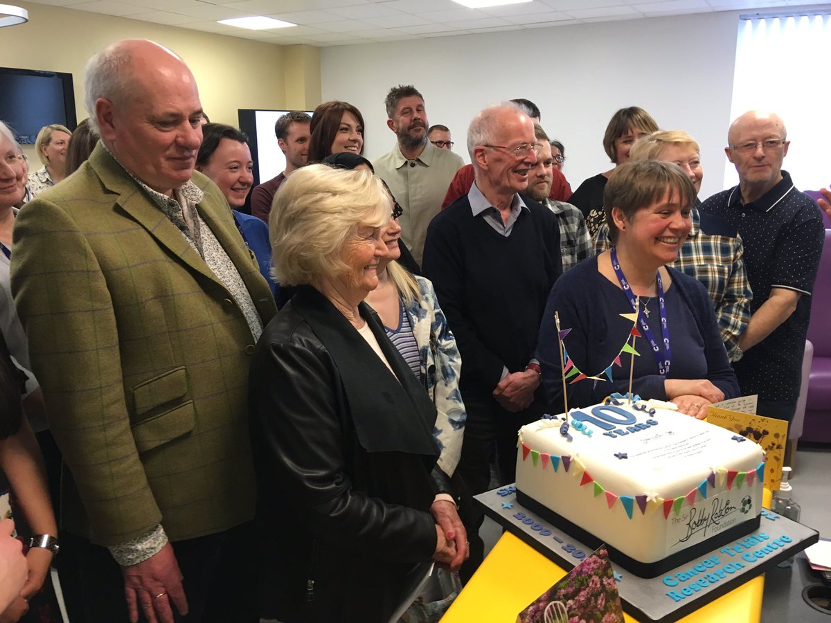 Celebrations to mark 10th anniversary of The Sir Bobby Robson Cancer Trials Research Centre at The Freeman Hospital. Family, staff and patients there for a special day @SBRFoundation